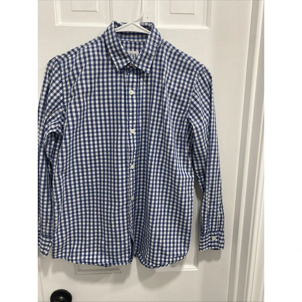 Boys Blue And White Plaid Long Sleeve Button Up Gap Shirt Size XL 14-16